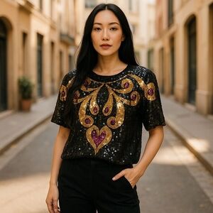 Vintage Sequin Top with Gold and Purple Accents By Jean For Joseph Le Bon